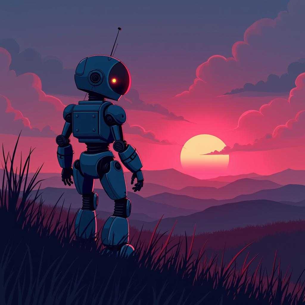 Robot in sunset landscape